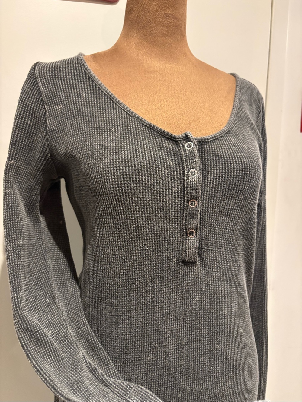 Grey Waffle Knit Henley Long Sleeve Top